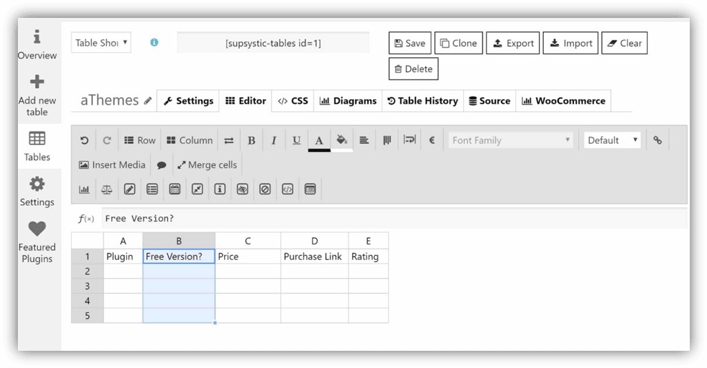 Data table generator interface