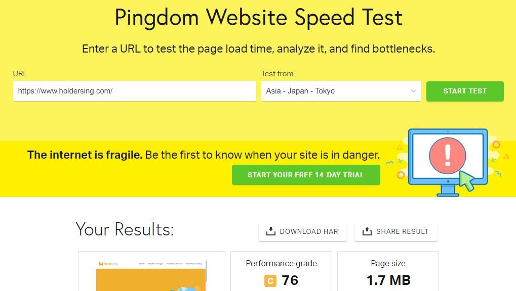 pingdom nettsted hastighetstest