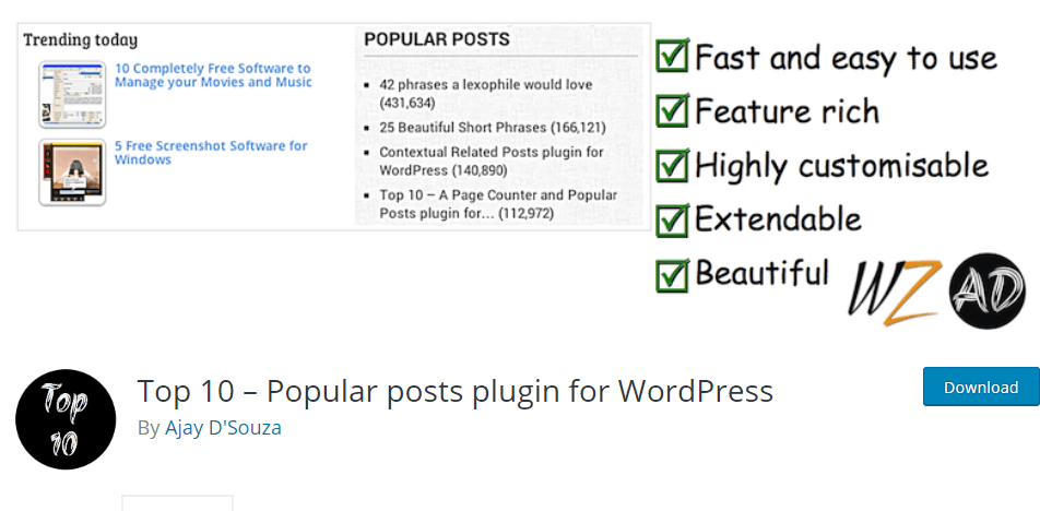 top 10 popular posts plugin