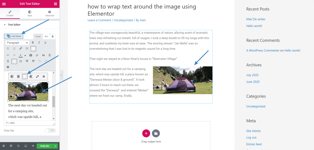 how to wrap test around an image in Elementor text widget