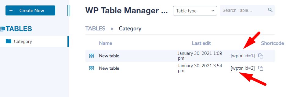 Шорткод WP Table Manager